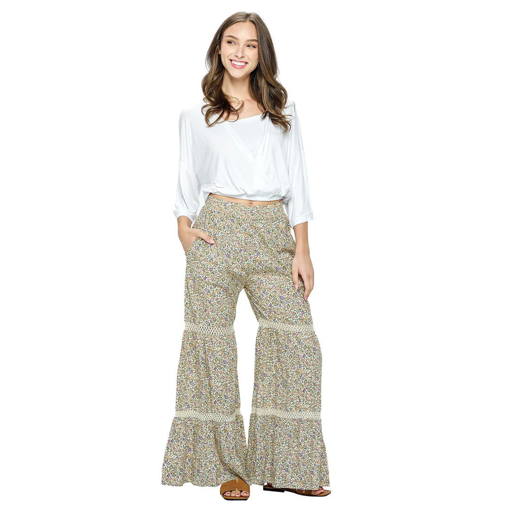 24420 BEIGE Yak & Yeti Pants Bell Bottom Lace Tiered Various Sizes